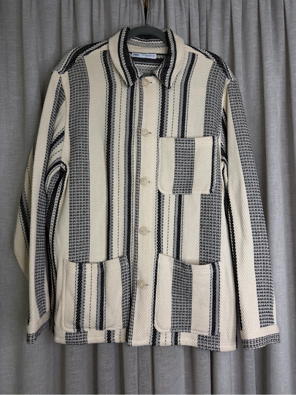 Zara Men Cream and Black Striped Overshirt Jacket
